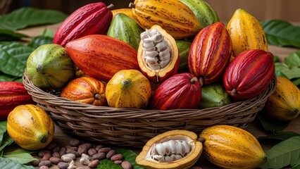 Vibrant cocoa pods displayed in wicker basket surrounded by fresh green leaves and cocoa beans