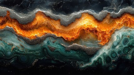 Abstract Swirl of Fiery Orange and Deep Teal with Sparkling Silver Flecks and Dark Background
