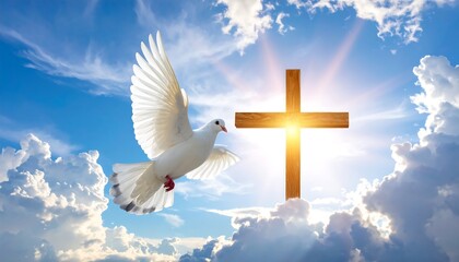 A white dove flies towards a large cross under a blue sky with clouds and sunlight