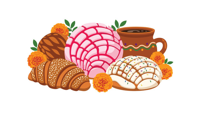 Traditional Mexican sweet bread assortment featuring pink and white conchas, a croissant, and a clay mug of hot coffee.