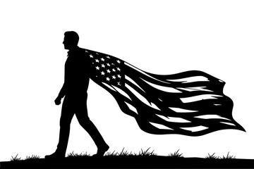 Silhouette of man walking with american flag cape © Hussain009