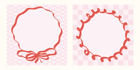 Whimsical cute frame border set in vintage coquette doodle style with ribbons hearts and pink lines. Perfect for retro invitation wedding baby or bff party poster.