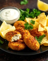 A plate of crispy fried food with chips, herbs, and a side of white sauce