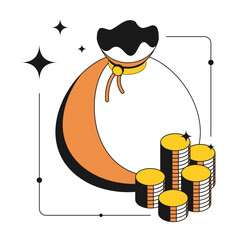 Isometric bank bag sealed with a seal and filled with gold valuable coins. Contrast design with thin outline 3D vector isolated on white background