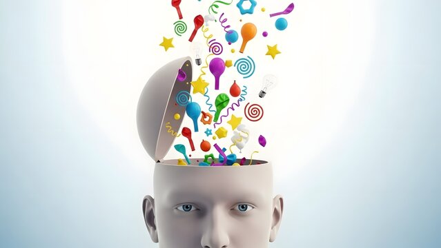 Child with creative colorful brain ideas concept for innovation, learning, and imagination in white studio background
