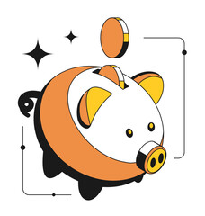 Isometric gold shiny coins fill a ceramic piggy bank. Contrast design with thin outline 3D vector isolated on white background