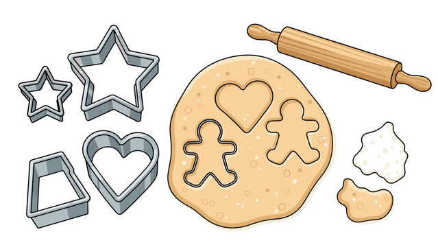Fun cookie baking process with a wooden rolling pin, metal cutters in various shapes, and dough being prepared on a lightly floured surface.