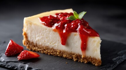 A slice of cheesecake sits on a black slate plate. The cake is topped with red strawberry sauce and has fresh strawberries beside it. It is well presented for a dessert.