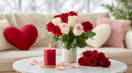 Romantic anniversary celebrating with roses, candle, and heart pillows