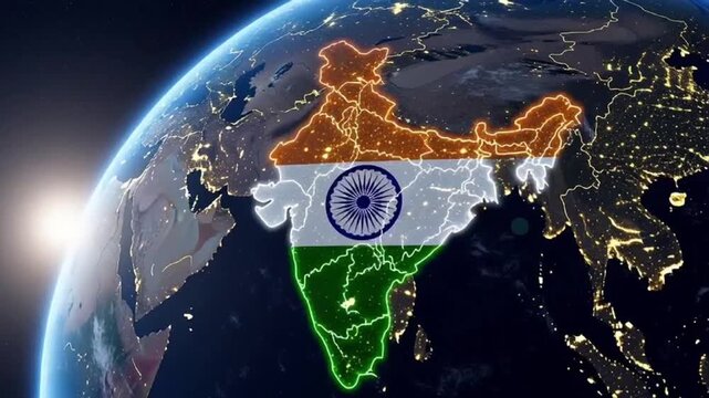 India map superimposed on globe at sunrise