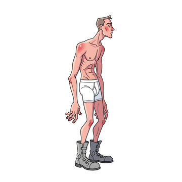 A stylized illustration of a gaunt emaciated man with a slumped posture wearing only underwear and combat boots.