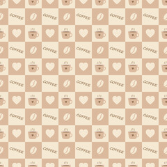 A seamless pattern of a coffee cup featuring hearts and coffee beans scattered across a yellow background. Suitable for wallpaper design, gift wrapping paper, coffee shops, and cute decorations