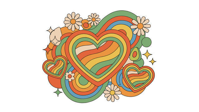 Funky 1970s retro illustration featuring colorful striped hearts, wavy patterns, daisies, and sparkling stars for a groovy vibe.