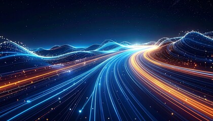 Stylized waveforms of glowing blue and white light trails curving across dark mountainous landscape, nighttime setting with scattered lights evokes fusion of natural terrain and digital energy flow.
