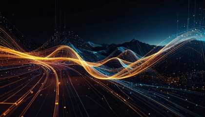 Stylized waveforms of glowing blue and white light trails curving across dark mountainous landscape, nighttime setting with scattered lights evokes fusion of natural terrain and digital energy flow.