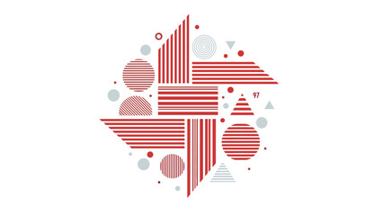 Obraz premium Red and gray geometric design resembling a pinwheel made of striped squares, triangles, circles, and small dots on a white background.