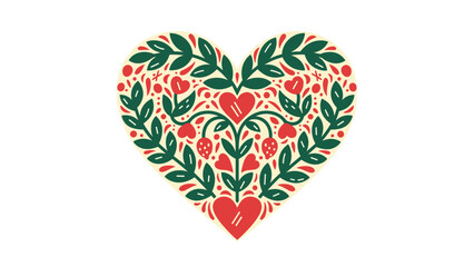 Obraz premium Stylized folk art heart illustration featuring green leaves, red berries, and small decorative hearts on a clean white background.