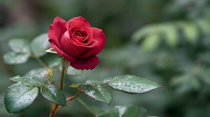 A single deep red rose with water droplets on its green leaves in a garden
