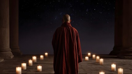 A bald figure in a saffron robe stands in a temple courtyard under a starry night illuminated by surrounding candles