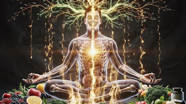 Meditating Human Body with Healthy Food and Energy Visualization.