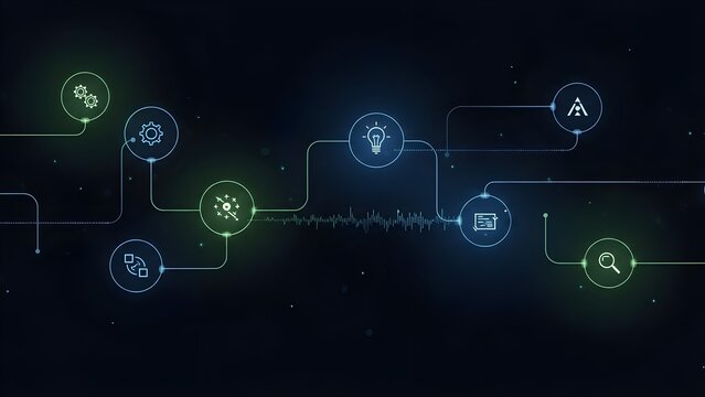 Abstract enterprise AI workflow interface with connected nodes and process icons, futuristic business automation concept