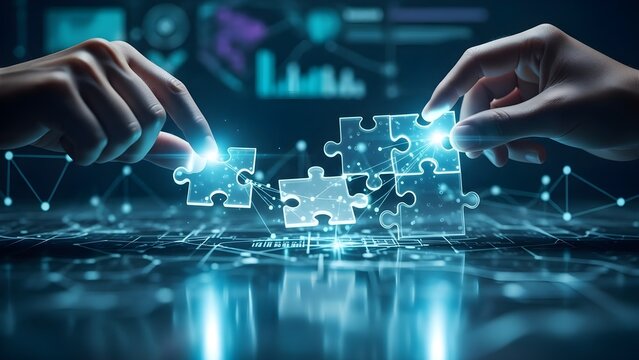 Hands assembling glowing digital puzzle pieces symbolizing problem solving and innovation