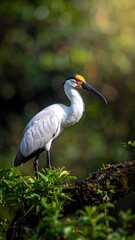 Fototapeta premium Majestic white ibis perched on mossy branch, surrounded by green forest foliage in soft sunlight