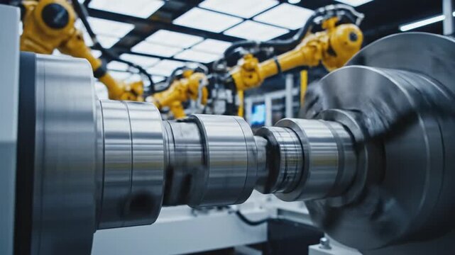 Close-up of a glossy metal shaft in a precision machine, yellow robotic arms loom in the background