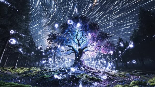 Night forest scene with a luminous purple tree radiant blue glow and comet-like light trails aloft.