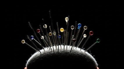 Colorful sewing pins in cushion silhouette on black background: crafting tools and needlework essentials