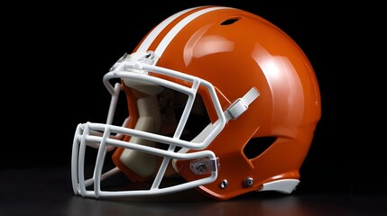 Fototapeta premium An orange football helmet with white stripes and a protective facemask on a dark background