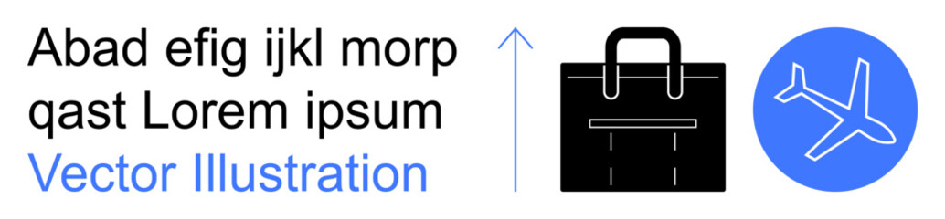 Business travel, global mobility, logistics, corporate planning, aviation services, travel organization. Black briefcase, upward arrow airplane icon in blue circle. Business travel and global © robu_s