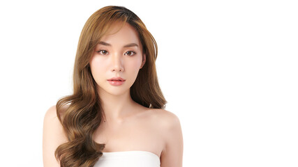 A beautiful young Asian woman with clean, fresh skin against a white background. Skincare, facial treatment, cosmetology, beauty, and spa. An elegant portrait of an Asian woman.