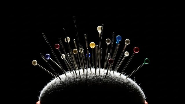 Colorful sewing pins in cushion silhouette on black background: crafting tools and needlework essentials