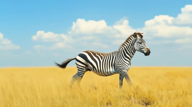 Zebra running across a savanna field against a clear sky