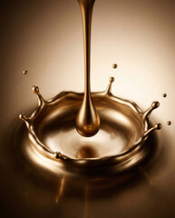 High-speed splash of liquid gold drop creating a crown shape ripple