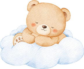 Watercolor Baby Teddy Bear Sleeps on Cloud
