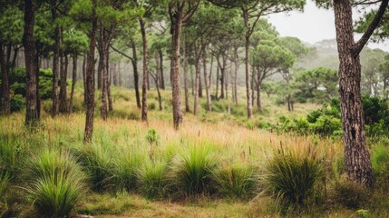 Lush Green Forest with Tall Trees and Dense Underbrush in Natural Environment