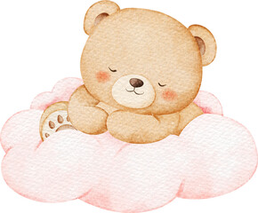 Watercolor Baby Teddy Bear Sleeps on Cloud