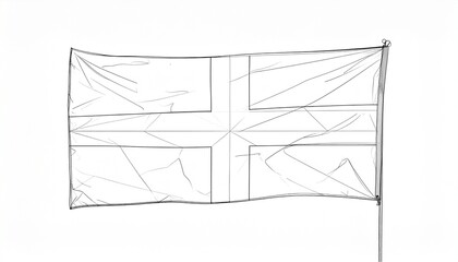 Minimal line drawing of flag with cross design on upright flagpole planted in ground, monochrome geometric style evokes Nordic symbolism, national identity, and clean graphic representation.