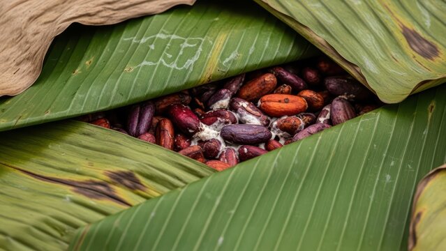 Freshly harvested cacao beans encased in tropical banana leaves for fermentation process