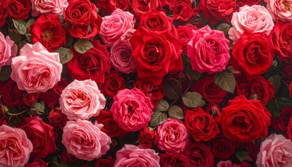 Obraz premium A beautiful bouquet of red roses with pink floral accents creates a romantic blossom background perfect for a Valentine gift or wedding celebration of love