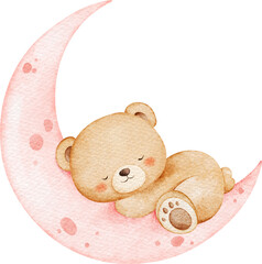 Watercolor Baby Teddy Bear Sleeps on Crescent Moon