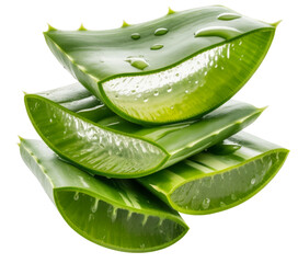 Freshly Cut Aloe Vera Slices with Water Droplets on White Background, Highlighting Natural Gel and Hydration for Skincare and Health Benefits