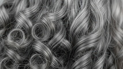 Close-up of curly silver hair with detailed texture and shine in natural light