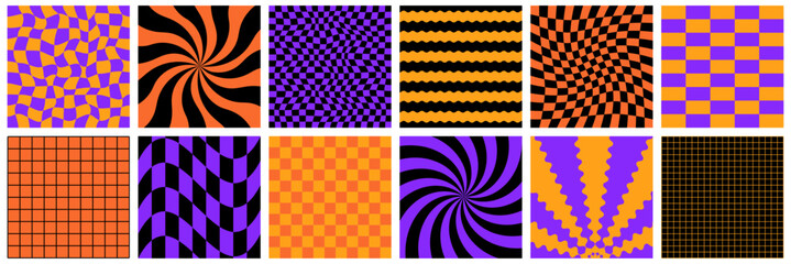 Halloween Y2k Groovy Checker Pattern Background. Trendy Seamless Check Retro Wallpaper. Halloween Wavy Hippie Grid Pattern Set. Boo Cute Horror Bg Kit. Spooky Checkered Groovy Texture Bundle.