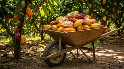 Ripe cocoa pods in a wheelbarrow amongst lush cacao trees in a scenic plantation setting
