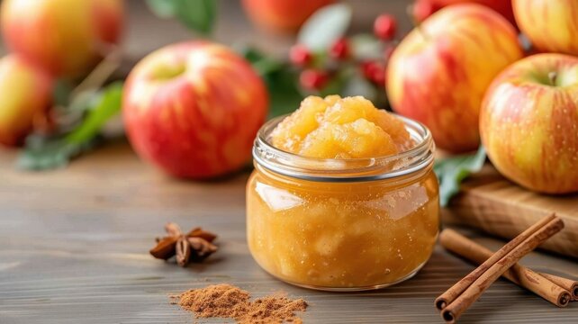 A rustic jar of homemade applesauce with a chunky texture and cinnamon spice aroma.
