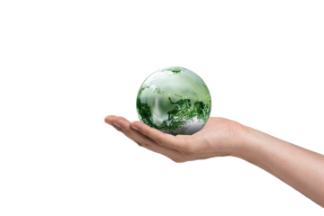 Hand holding green earth, World Environment Day, Earth Day, and ESG concept.