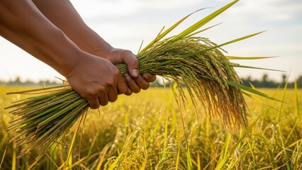 Hands holding freshly harvested rice in sunlit field highlighting agricultural abundance and harvesting practices